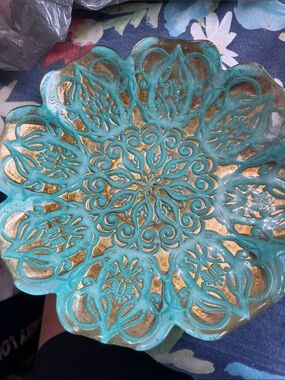 Vintage Vietri Aqua Blue & Gold Plate: Baroque Scalloped Edge Decor (9")